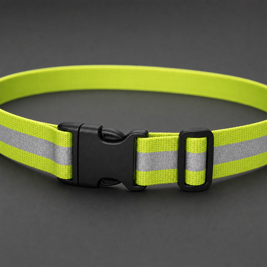 Close-up of the reflective belt buckle and adjustment slider