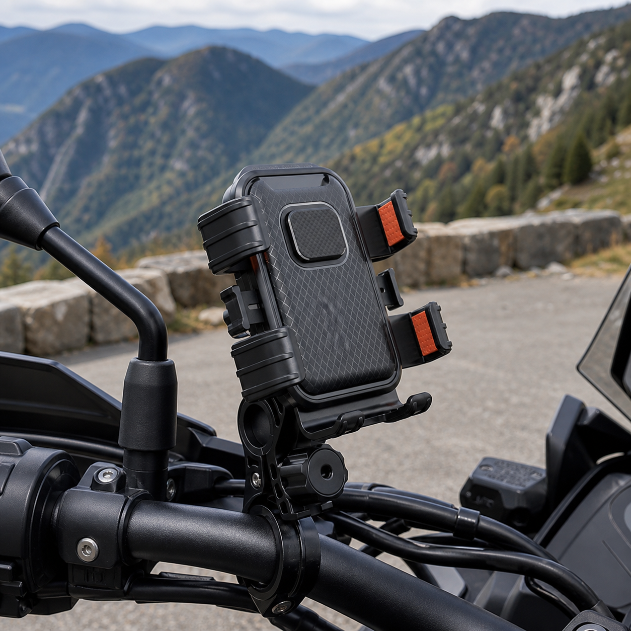 Adventure motorcycle phone mount roadside view