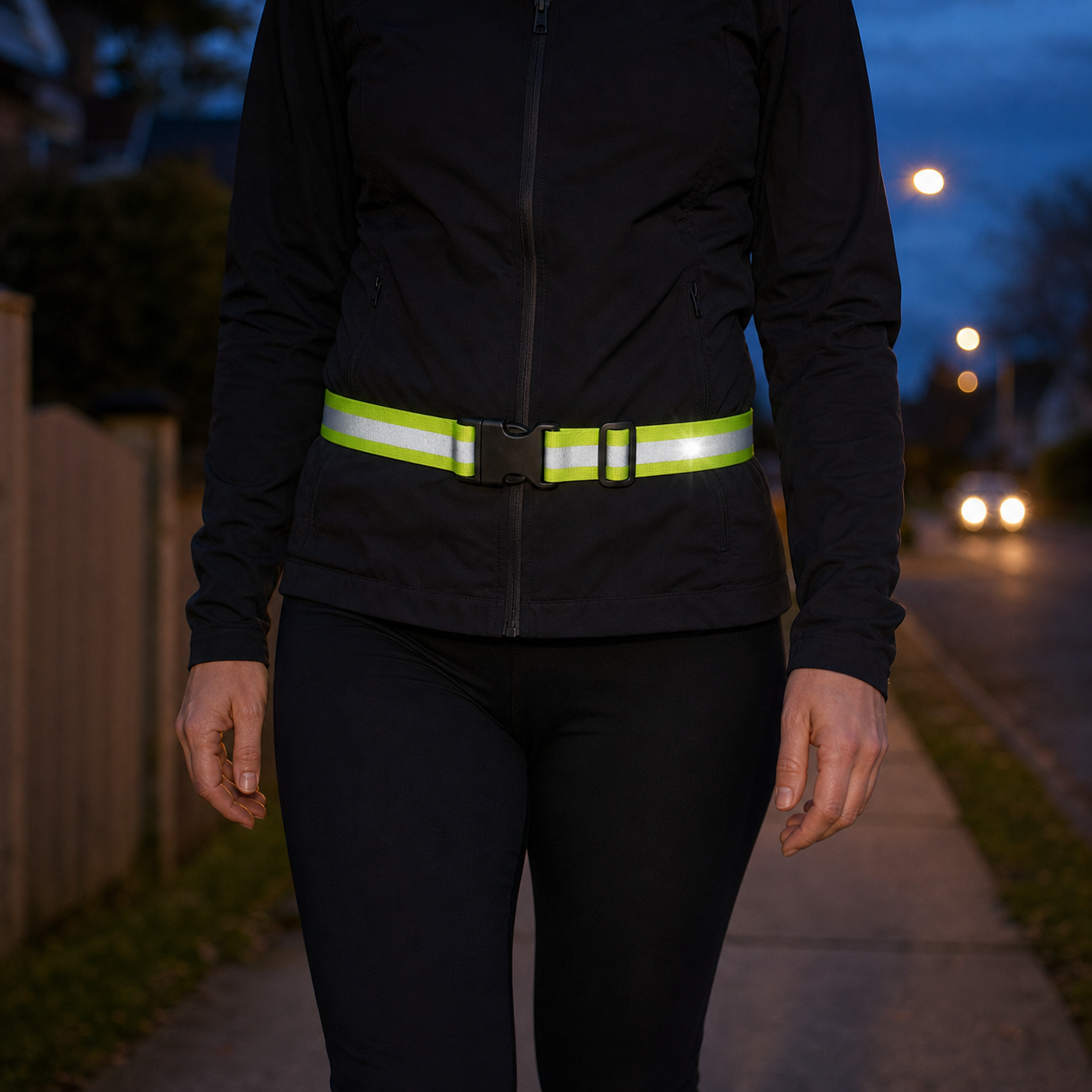 Reflective waist belt worn for an evening walk