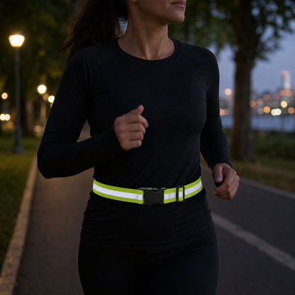 Reflective waist belt worn while running at twilight