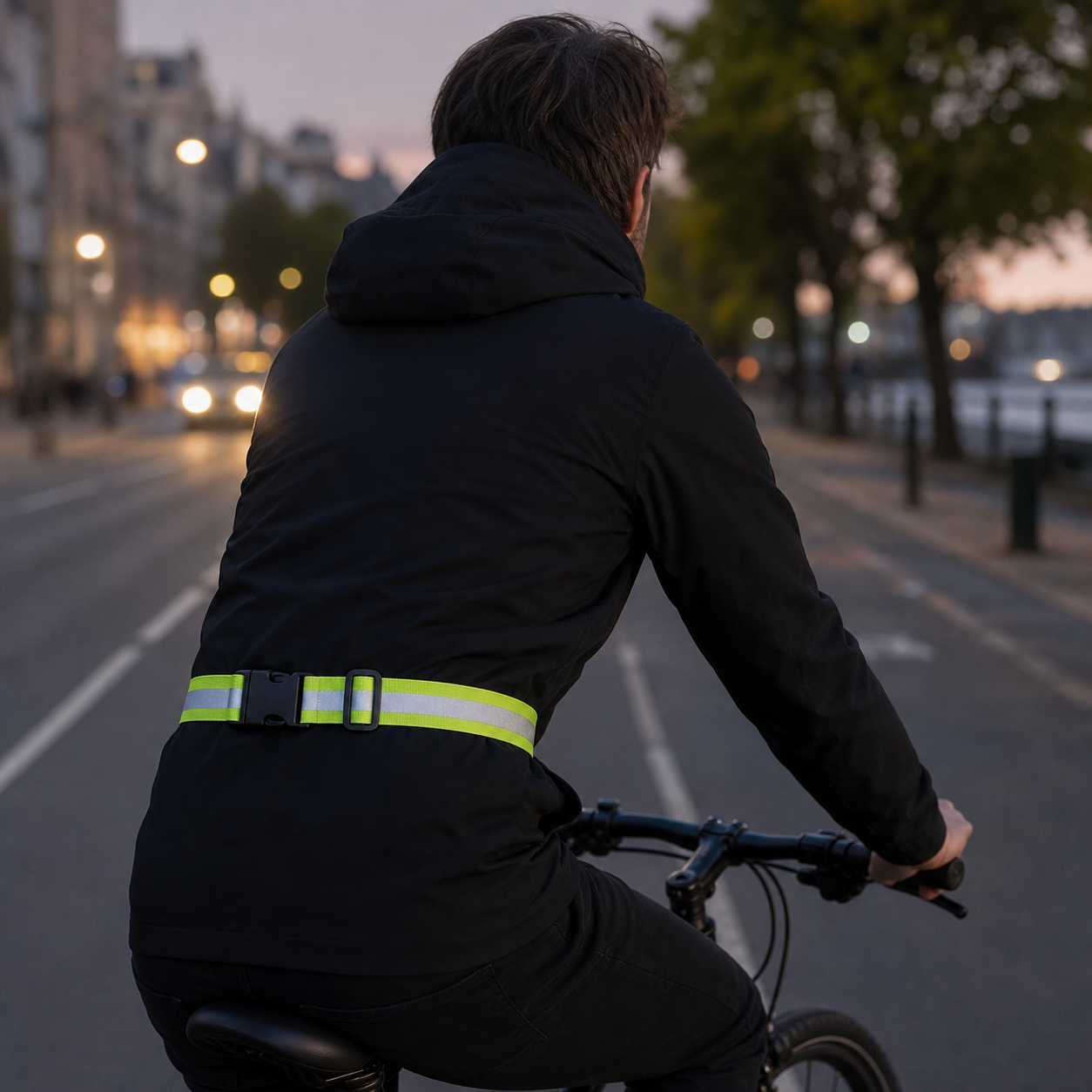 Reflective waist belt worn by an evening cyclist