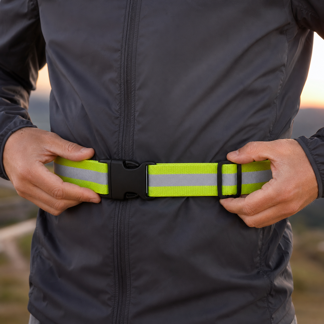 Hands adjusting the reflective waist belt