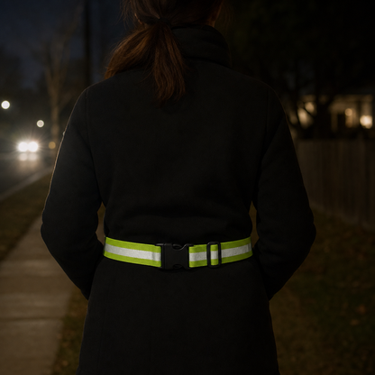 Reflective waist belt in low-light walking conditions