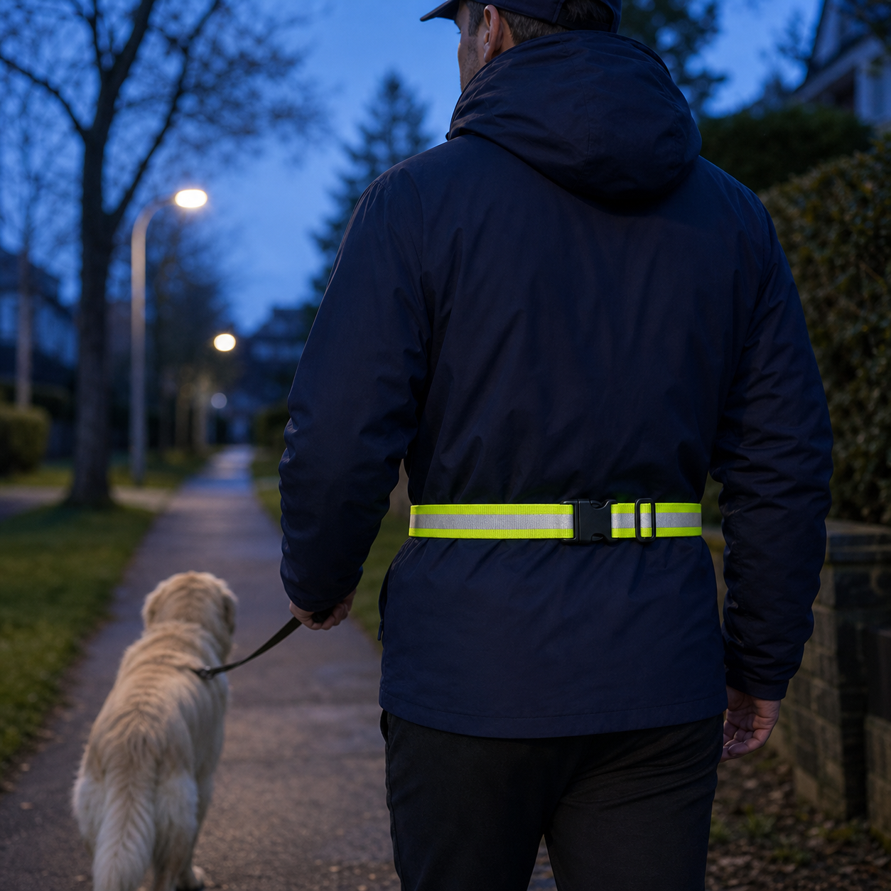 Reflective waist belt worn for an early morning dog walk