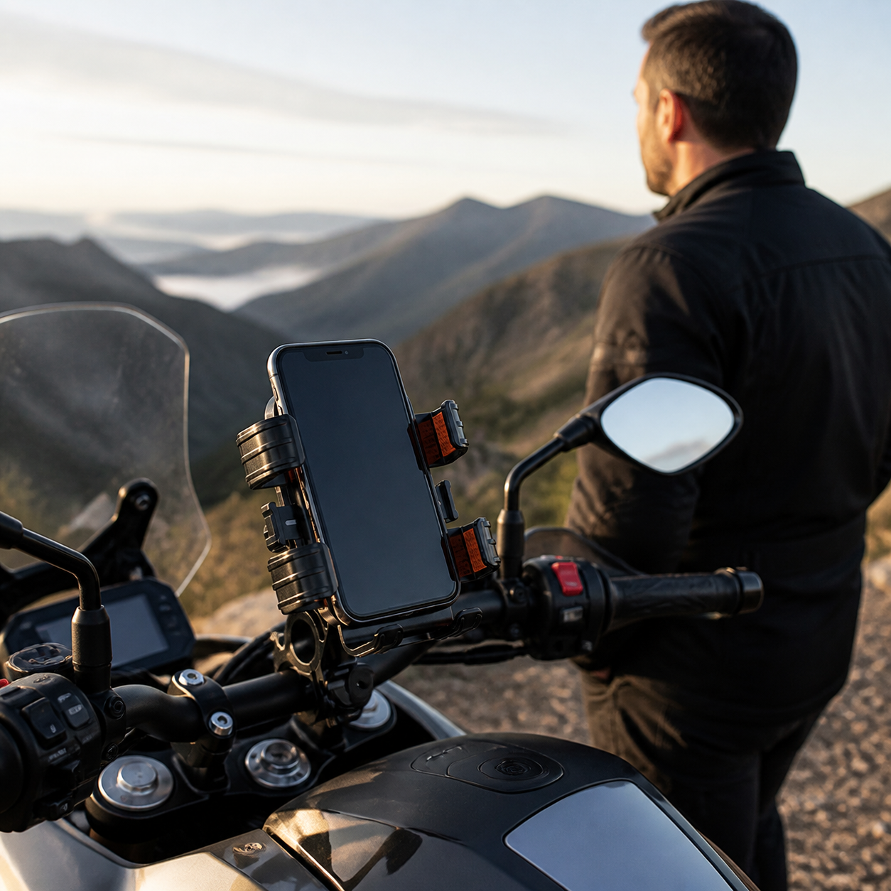 Motorcycle phone mount at a mountain overlook