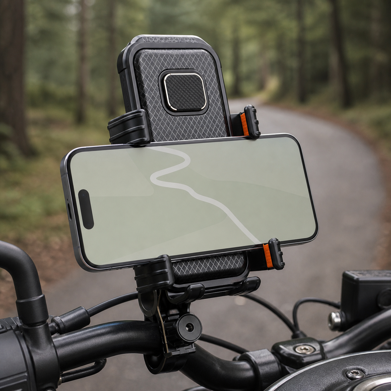 Landscape navigation mount on a parked motorcycle