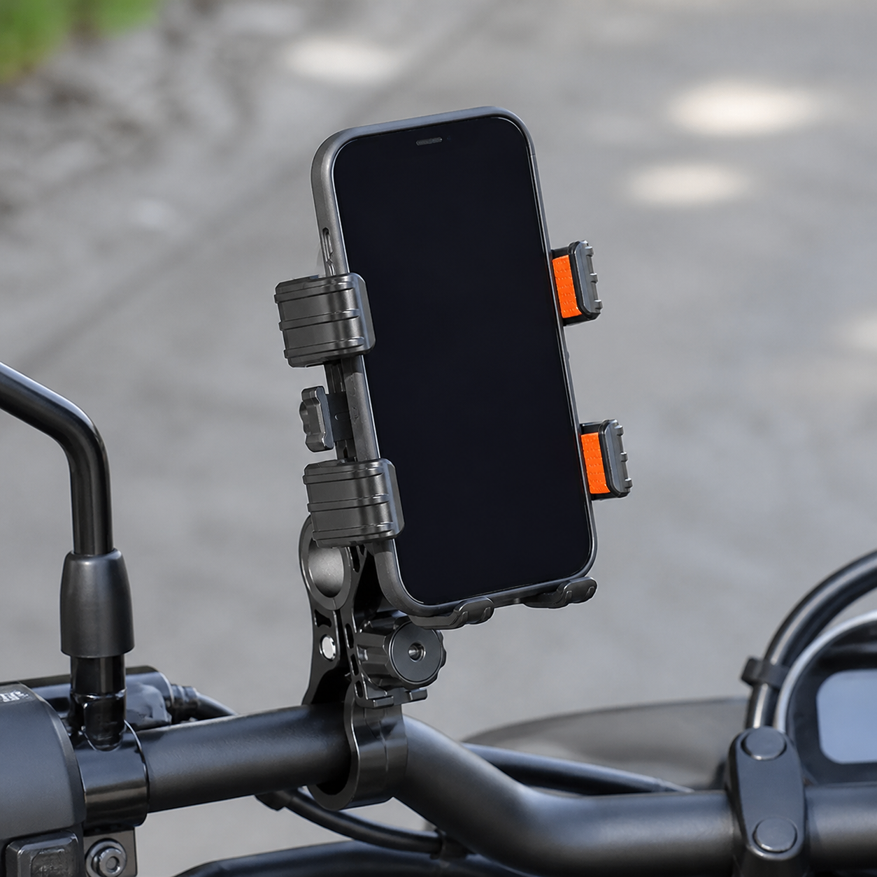 Vertical phone mount on a parked motorcycle