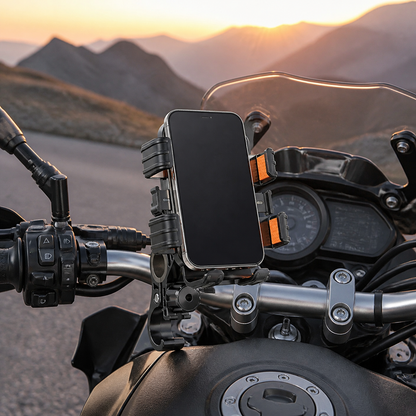 Touring motorcycle phone mount at sunset