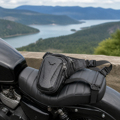 Motorcycle leg bag on a parked motorcycle seat