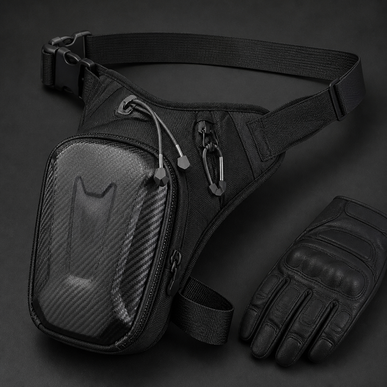 Leg bag zipper and buckle detail