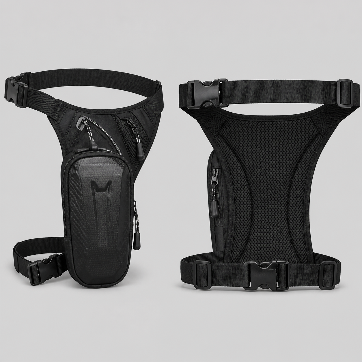 Motorcycle leg bag front and back fit detail