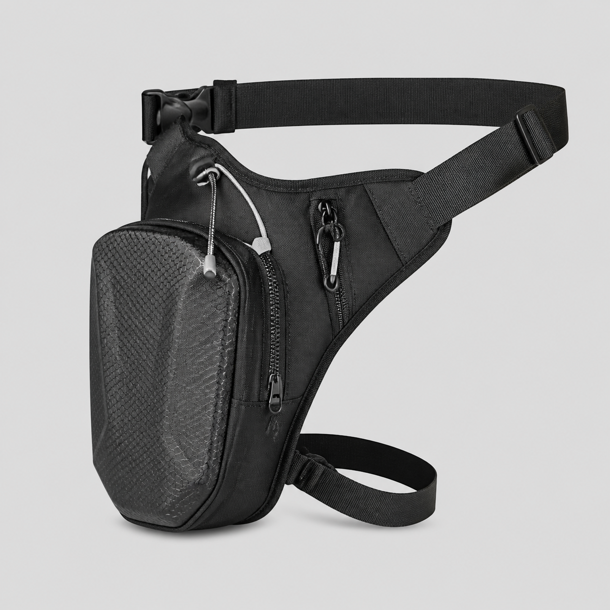 Motorcycle leg bag side studio view