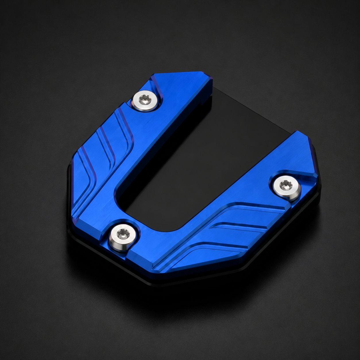 Blue CNC motorcycle kickstand pad detail view