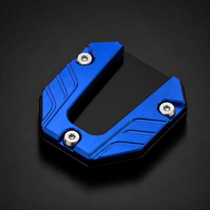 Blue CNC motorcycle kickstand pad detail view