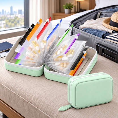 Two mint-green 14-pouch weekly pill organizer travel cases