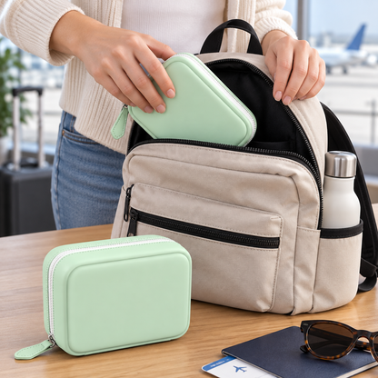 Mint-green organizer packed for travel