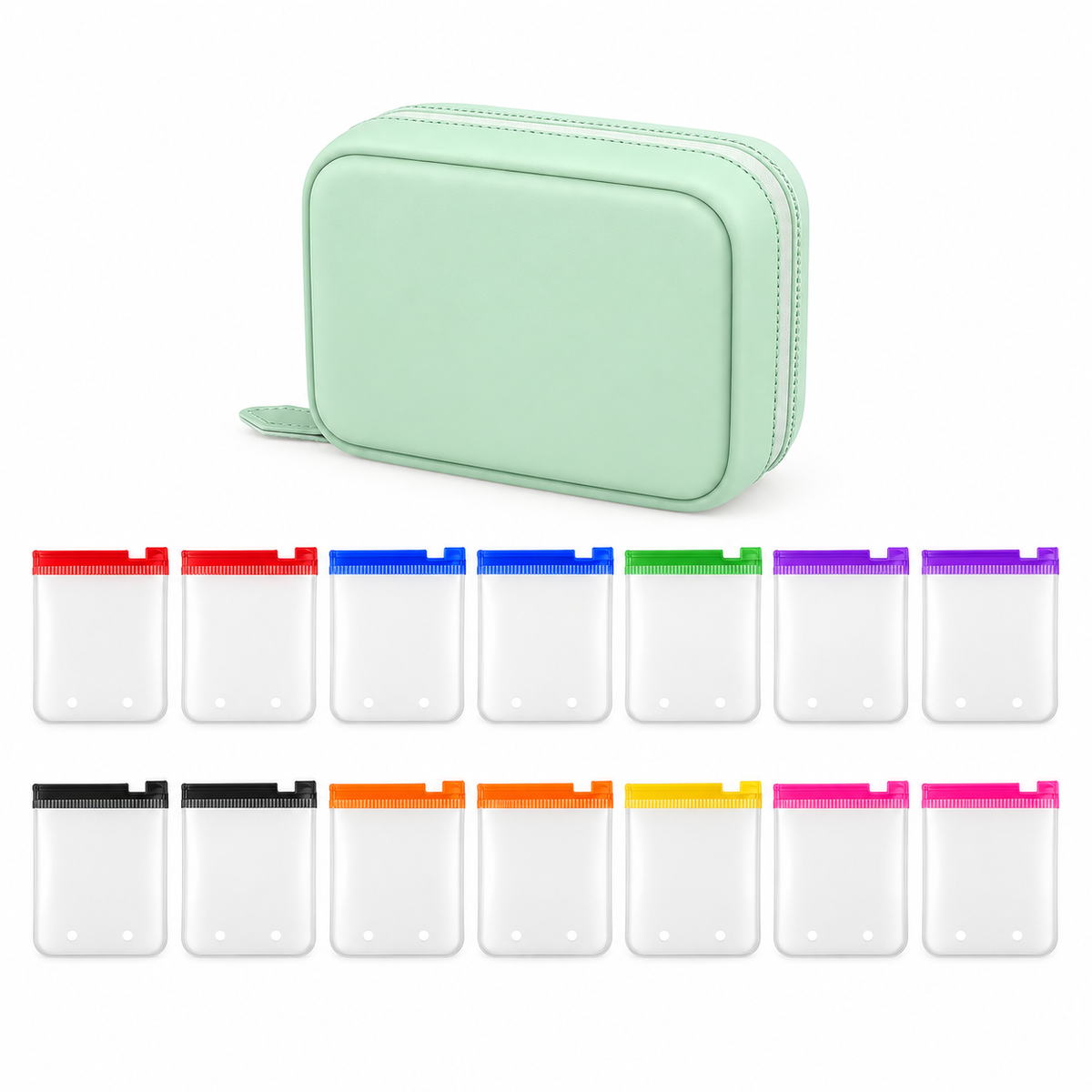 Fourteen removable resealable organizer pouches