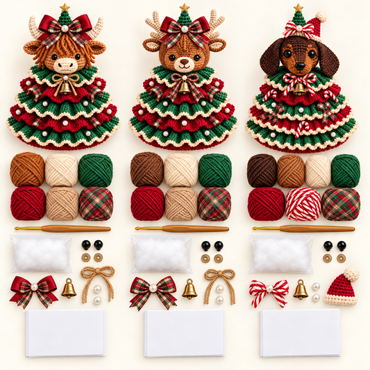 Illustrative crochet materials and finished examples; tools are not confirmed as included