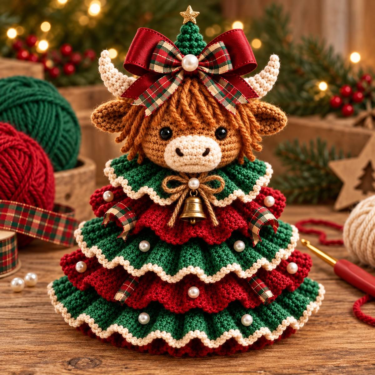 Highland cow crochet Christmas tree finished example