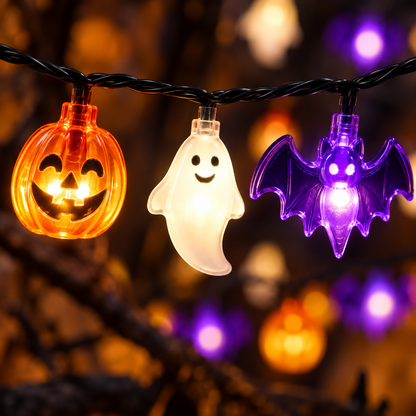 Close view of pumpkin ghost and purple bat LED covers
