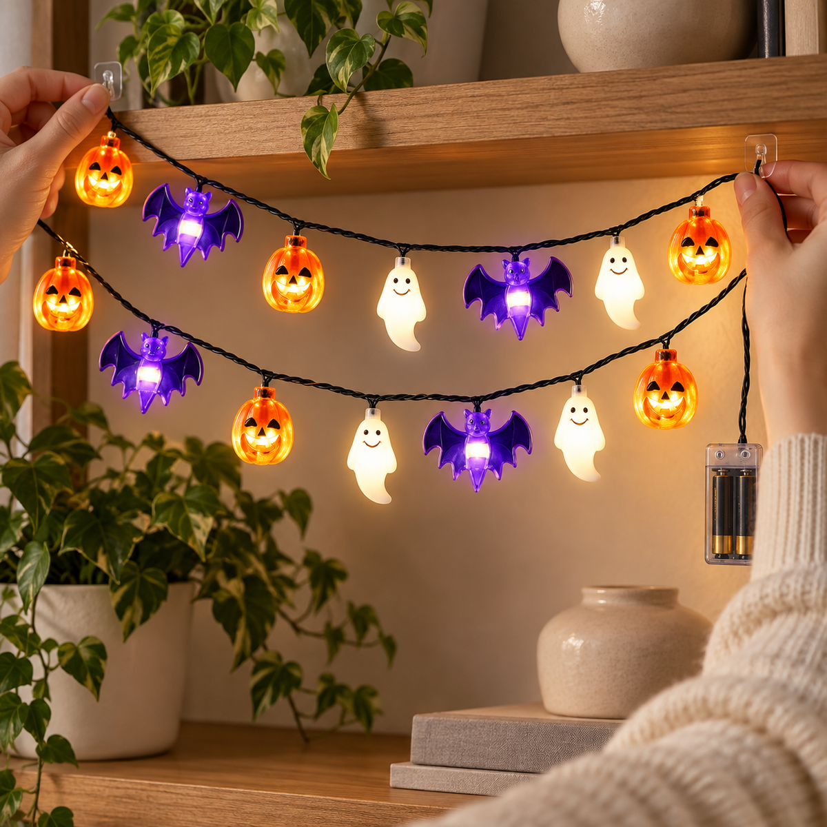 Installing battery powered Halloween string lights indoors