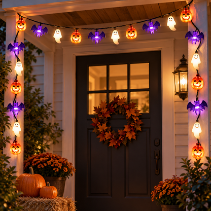 Halloween string lights around a covered entryway