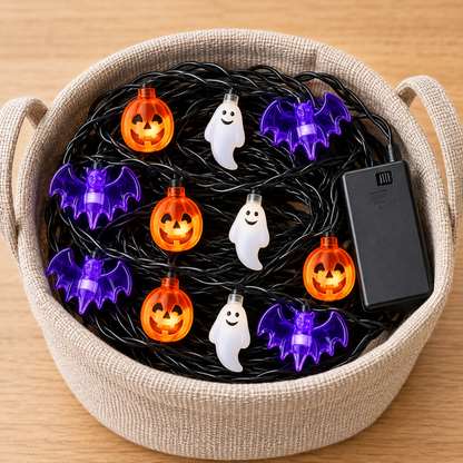 Pumpkin ghost and bat lights stored with battery box