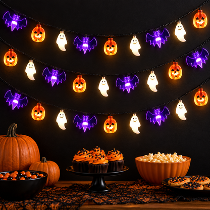 Halloween string lights used as an indoor party backdrop