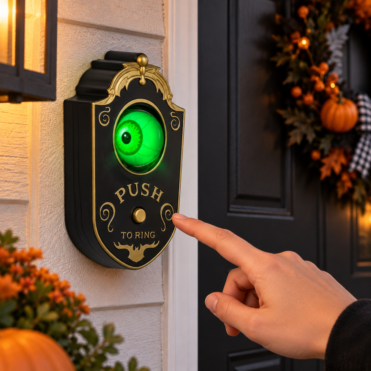 Black Halloween eyeball doorbell at a covered entry