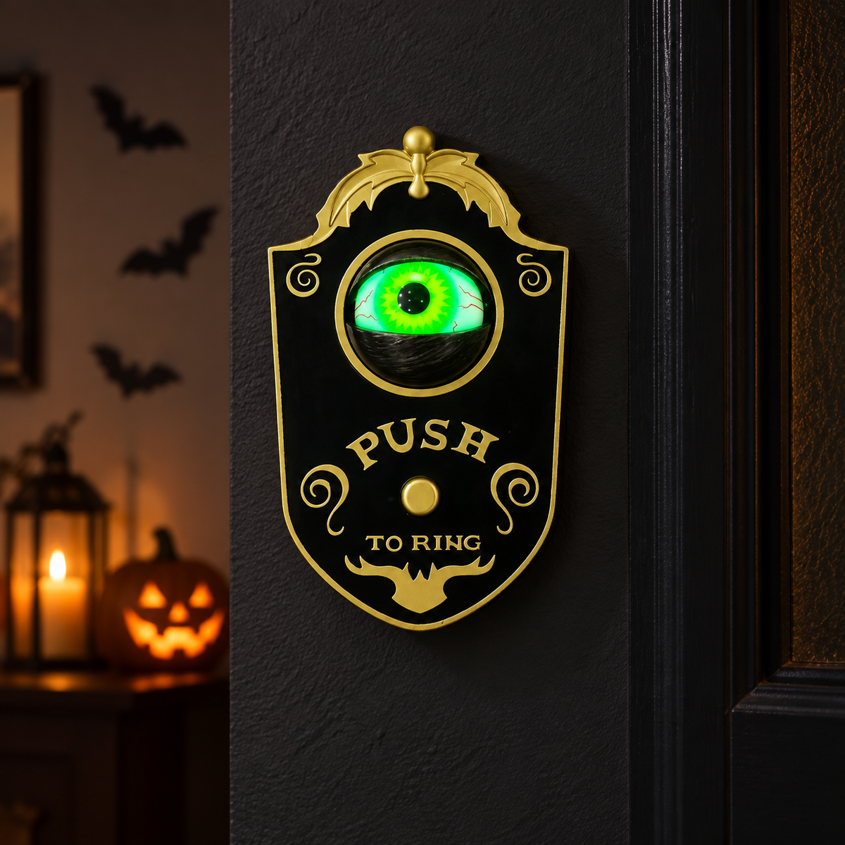 Green eyeball doorbell in a Halloween party hallway