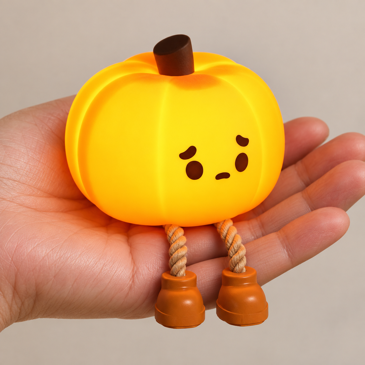Palm size view of the compact pumpkin night light