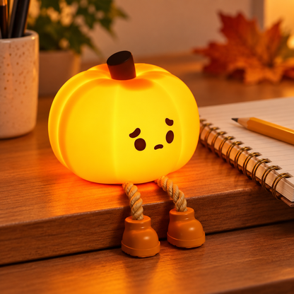 Warm pumpkin character light on a home office desk