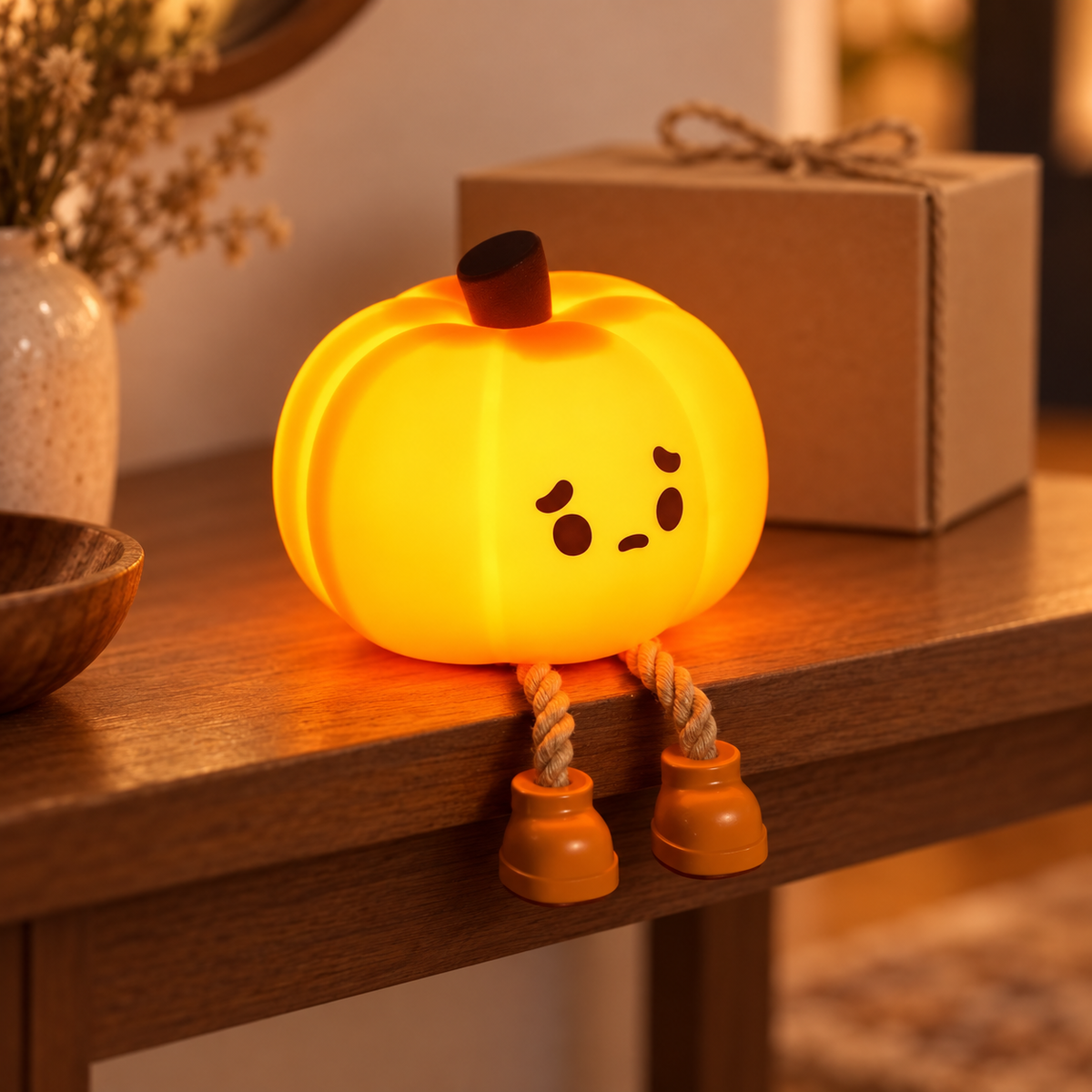Glowing pumpkin tap light with a gift box